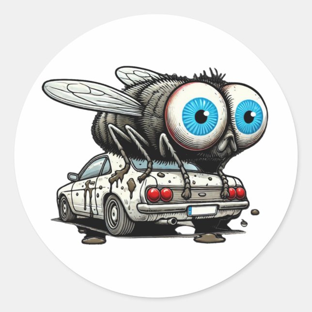 Fly Bomb Giant Fly Pooping on a Car Classic Round Sticker (Front)