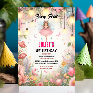 fly cute Floral Pink girl fairy first 1st birthday Invitation