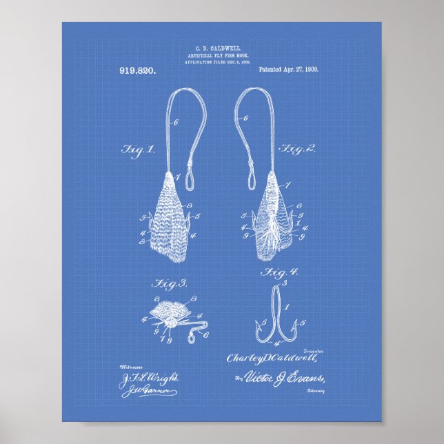 Fly Fish Hook 1909 Patent Art  Blueprint Poster (Front)