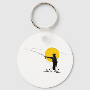 Fly fisherman casting reel with fishing lure bait key ring