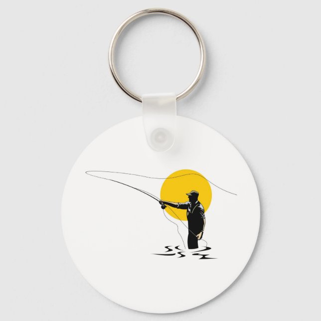 Fly fisherman casting reel with fishing lure bait key ring (Front)
