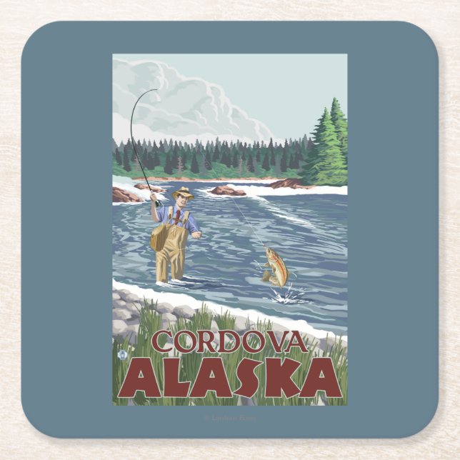 Fly Fisherman - Cordova, Alaska Square Paper Coaster (Front)