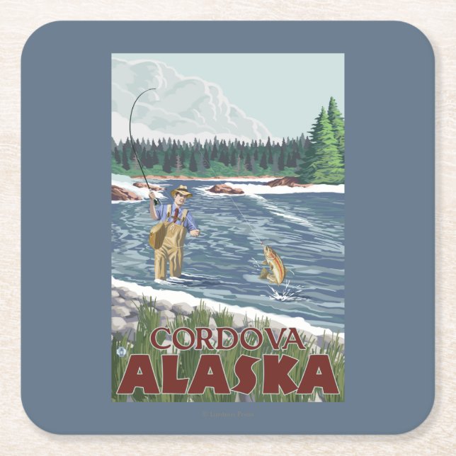 Fly Fisherman - Cordova, Alaska Square Paper Coaster (Front)