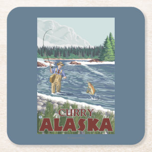 Fly Fisherman - Curry, Alaska Square Paper Coaster