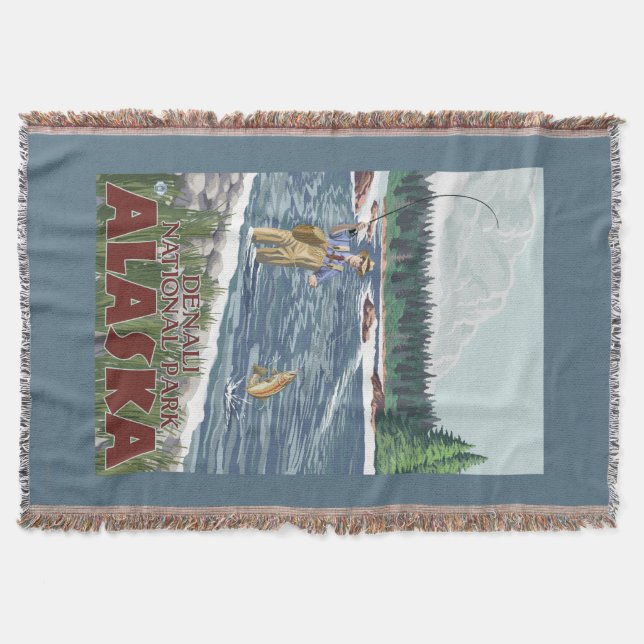 Fly Fisherman - Denali National Park, Alaska Throw Blanket (Front)