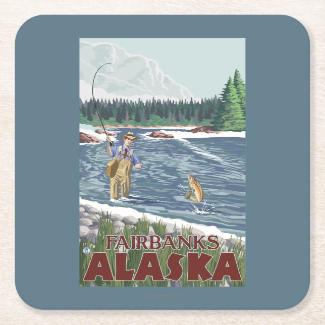 Fly Fisherman - Fairbanks, Alaska Square Paper Coaster (Front)