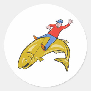 Fly Fisherman Riding Jumping Trout Fish Cartoon Classic Round Sticker