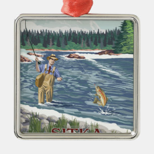Fly Fisherman - Sitka, Alaska Metal Tree Decoration