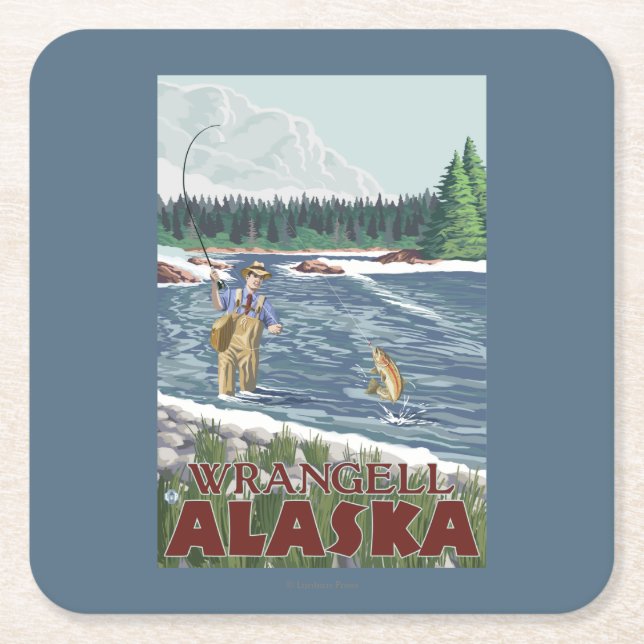 Fly Fisherman - Wrangell, Alaska Square Paper Coaster (Front)