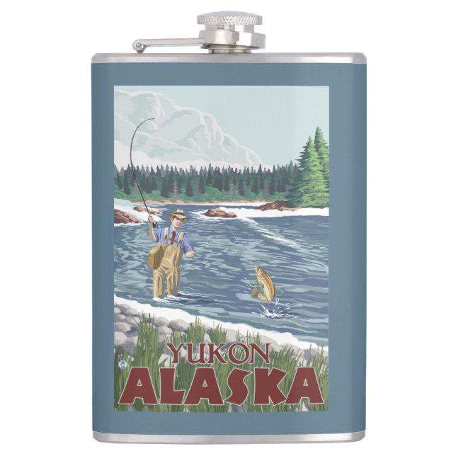Fly Fisherman - Yukon, Alaska Hip Flask (Front)