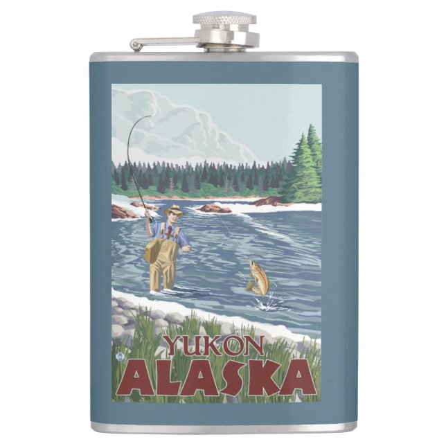 Fly Fisherman - Yukon, Alaska Hip Flask (Front)