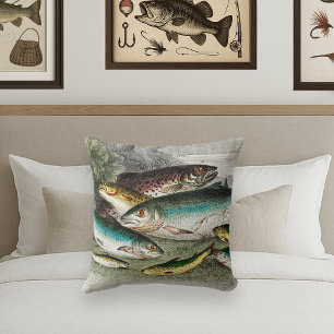 Fly Fisherman's  Vintage Fishing Trout Watercolor Cushion