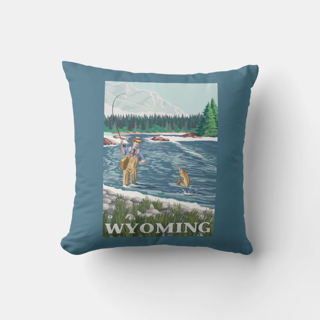 Fly FishermanWyomingVintage Travel Poster Cushion (Front)