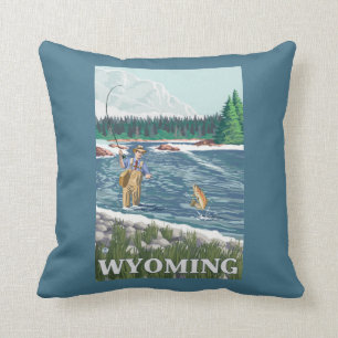 Fly FishermanWyomingVintage Travel Poster Cushion