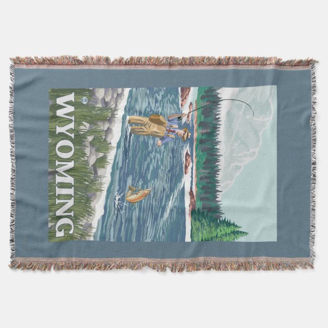 Fly FishermanWyomingVintage Travel Poster Throw Blanket (Front)