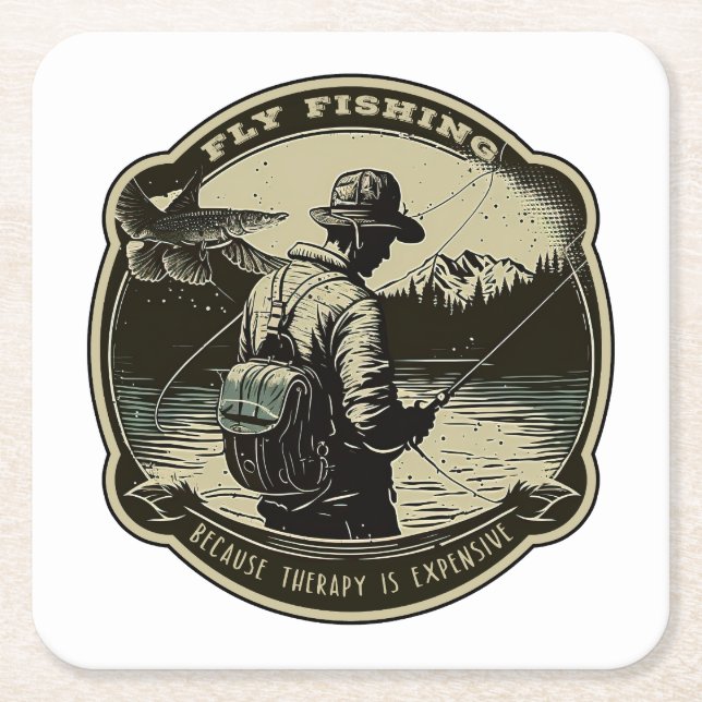 Fly Fishing - Because Therapy Is Expensive Square Paper Coaster (Front)