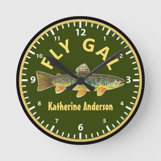 Fly Fishing Brown Trout FLY GAL Custom Angler's Round Clock (Front)