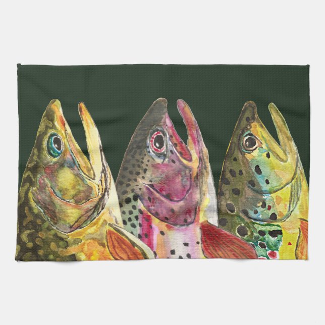 Fly Fishing for Three Big Fat Trout Tea Towel (Horizontal)