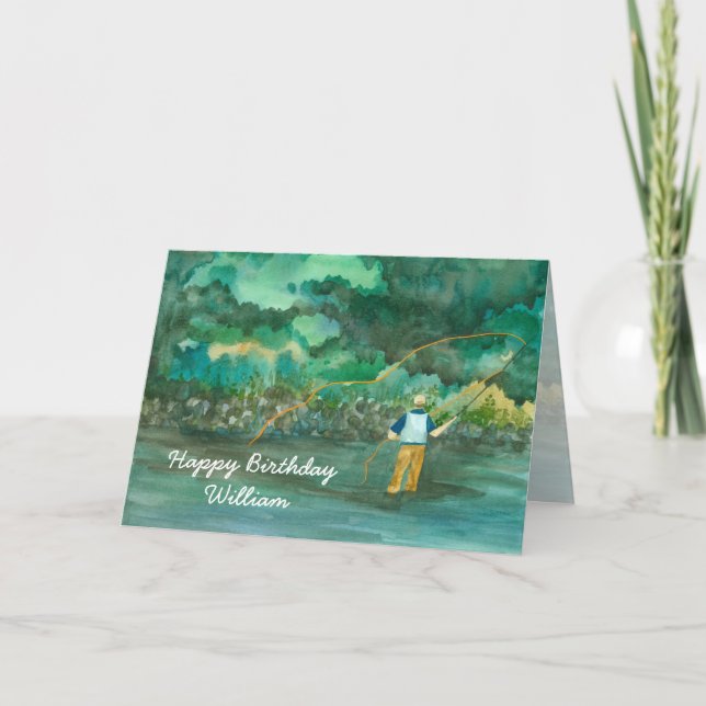 Fly Fishing Happy Birthday Custom Name Card (Front)