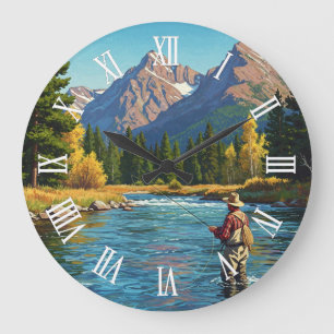 Fly Fishing in Montana Yellowstone river Large Clock