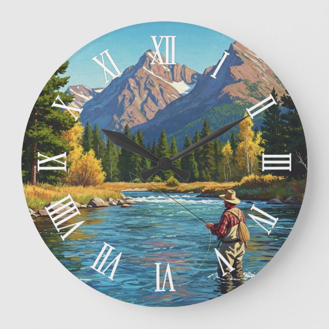 Fly Fishing in Montana Yellowstone river Large Clock (Front)