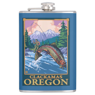 Fly Fishing Scene - Clackamas, Oregon Hip Flask