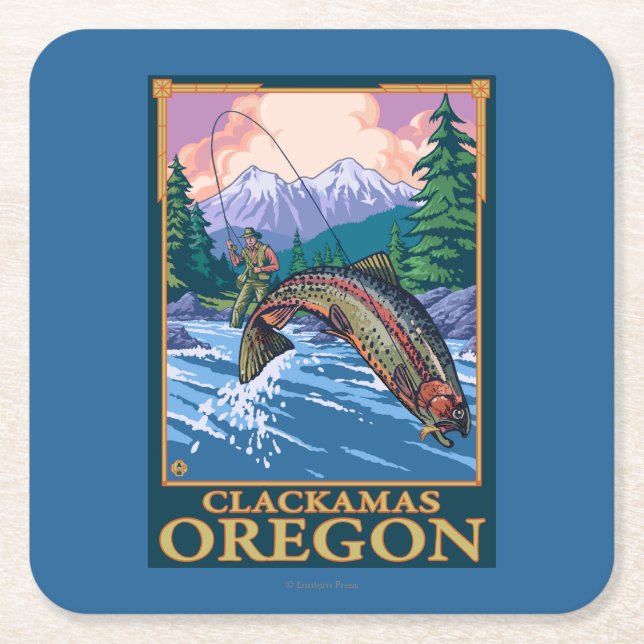 Fly Fishing Scene - Clackamas, Oregon Square Paper Coaster (Front)