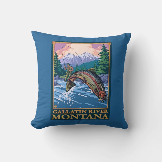 Fly Fishing Scene - Gallatin River, Montana Cushion (Front)