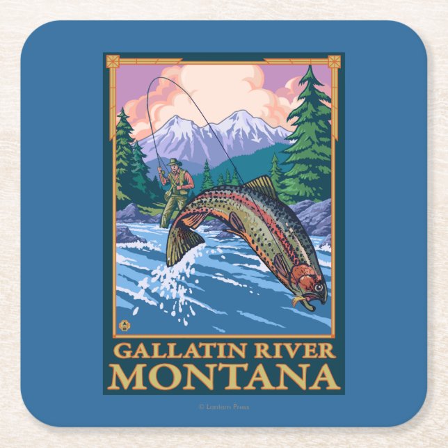 Fly Fishing Scene - Gallatin River, Montana Square Paper Coaster (Front)