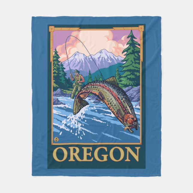 Fly Fishing Scene- Vintage Travel Poster Fleece Blanket (Front)