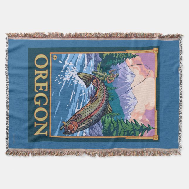 Fly Fishing Scene- Vintage Travel Poster Throw Blanket (Front)