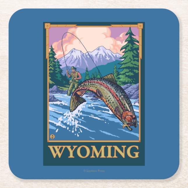Fly Fishing Scene - Wyoming Square Paper Coaster (Front)