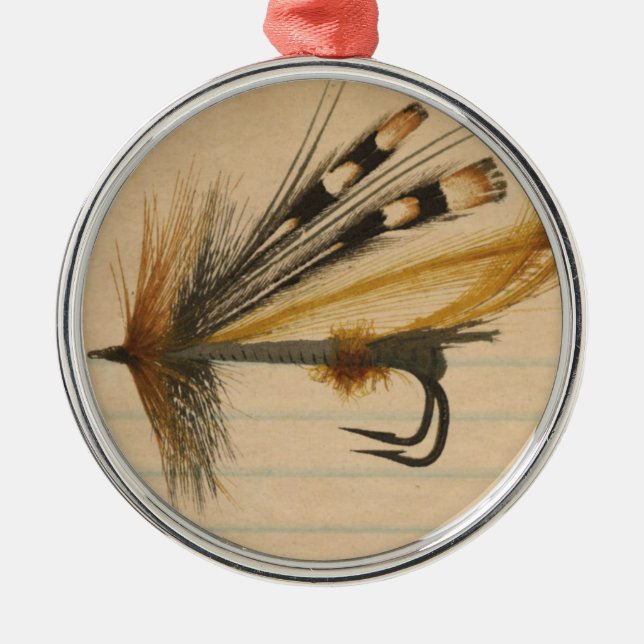 Fly Fishing Silver Lure on Lined Paper Metal Ornament (Front)