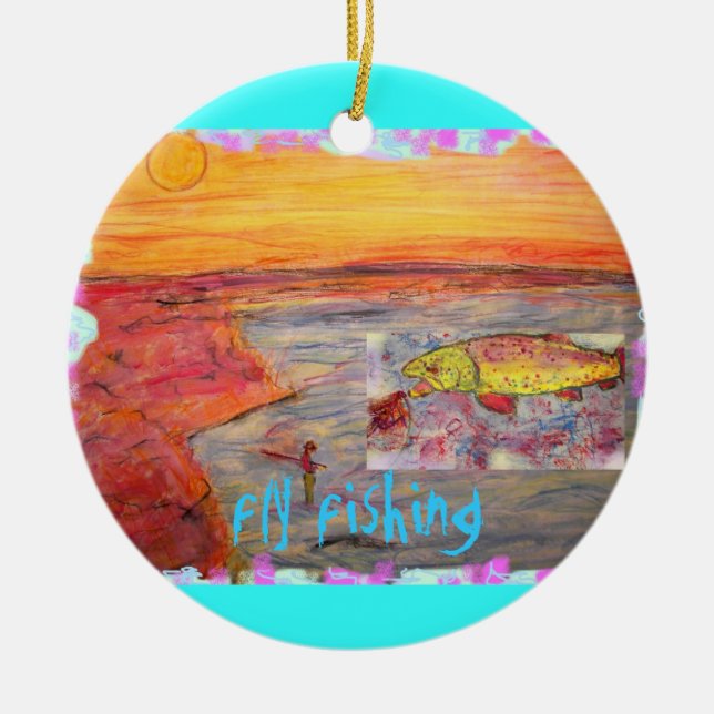 fly fishing sunset design ceramic tree decoration (Front)