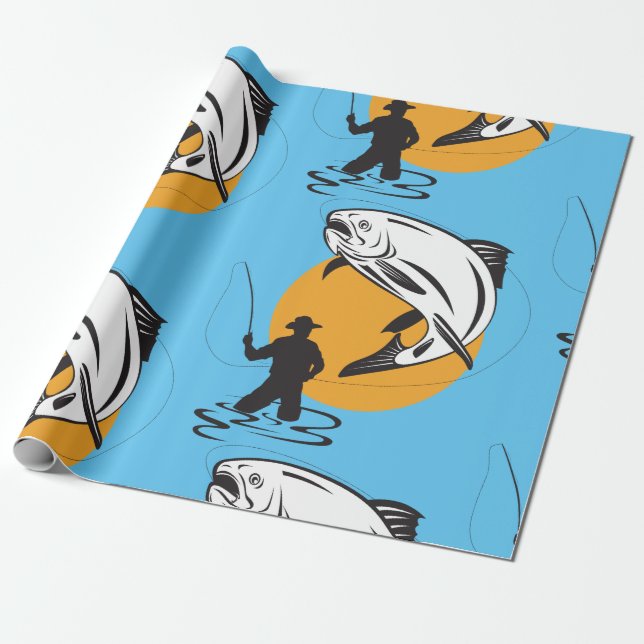 Fly Fishing Trout Sunset Silhouette Wrapping Paper (Unrolled)