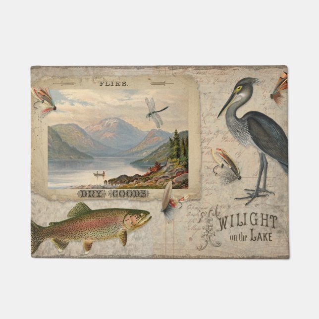 Fly Fishing Vintage Lake Trout Fish Mountain Lodge Doormat (Front)
