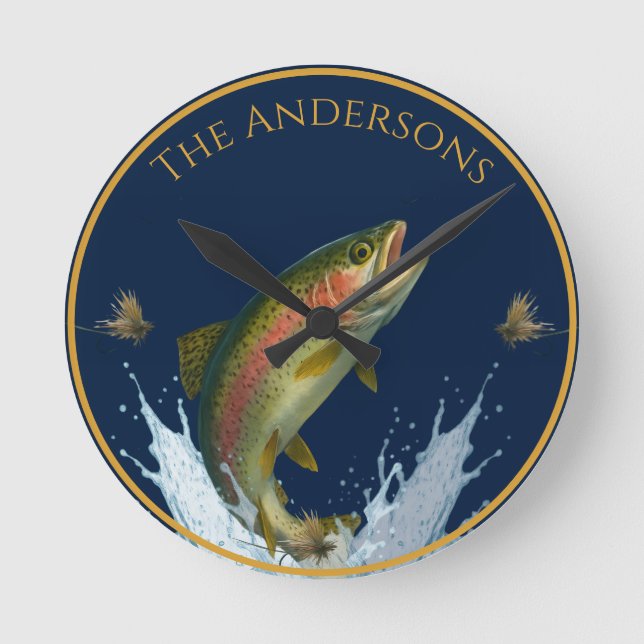 Fly fishing watercolor trout fish navy blue round clock (Front)