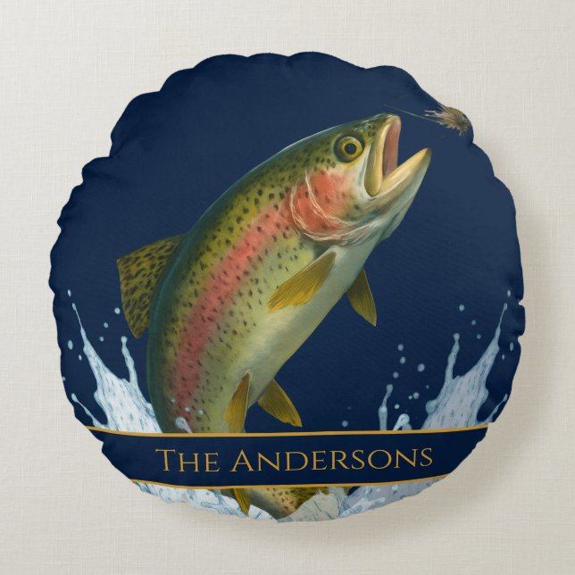Fly fishing watercolor trout fish navy blue round cushion (Front)