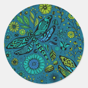 Fly, fly dragonfly on blue classic round sticker