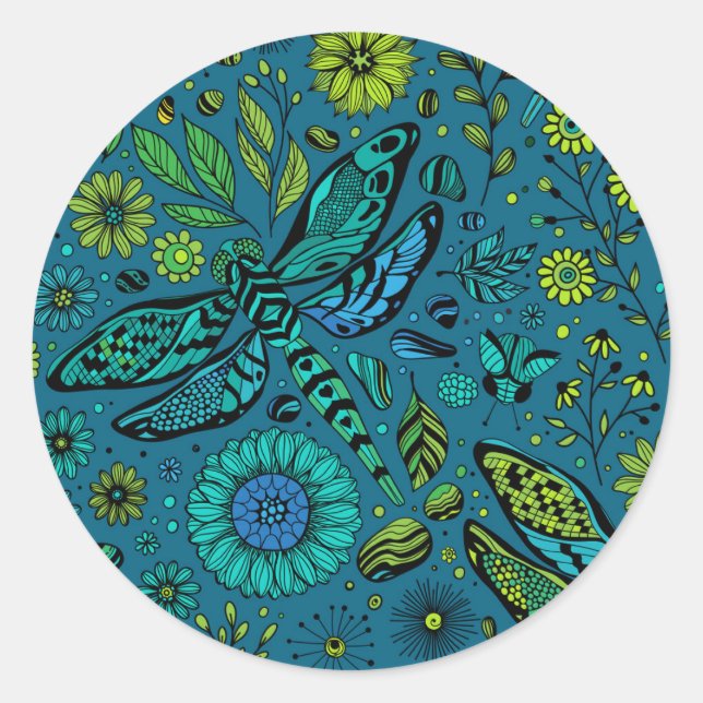 Fly, fly dragonfly on blue classic round sticker (Front)