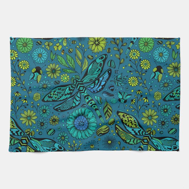 Fly, fly dragonfly on blue tea towel (Horizontal)