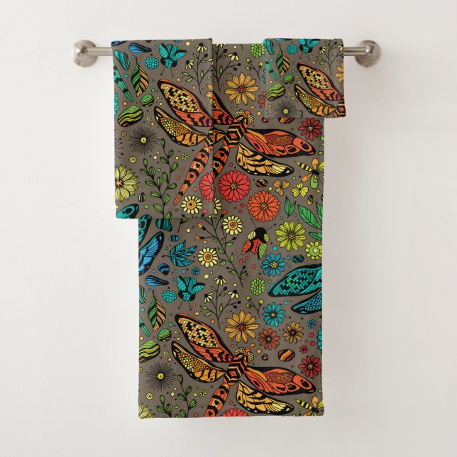 Fly, fly dragonfly on brown bath towel set (Insitu)