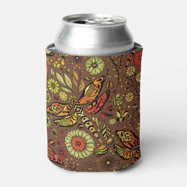 Fly, fly dragonfly on cinnamon brown can cooler (Can Front)