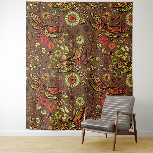 Fly, fly dragonfly on cinnamon brown tapestry (In Situ)