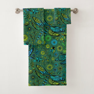 Fly, fly dragonfly on emerald green bath towel set