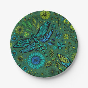 Fly, fly dragonfly on emerald green paper plate