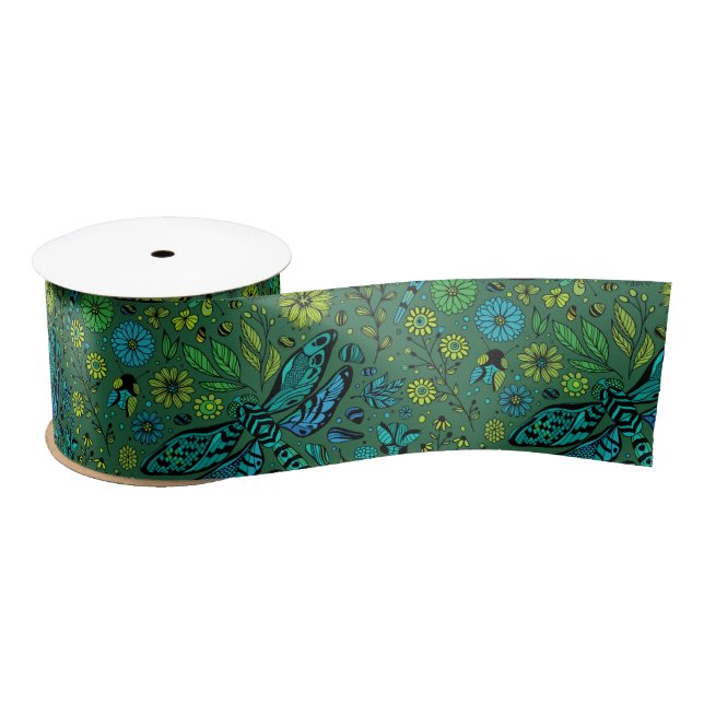 Fly, fly dragonfly on emerald green satin ribbon (Spool)