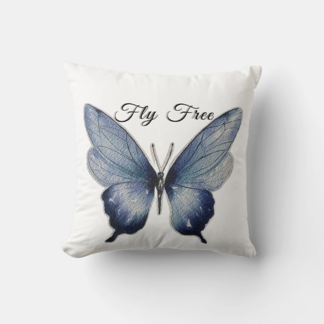 Fly Free – Blue Butterfly Art Design Cushion (Front)