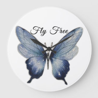Fly Free – Blue Butterfly Art Design Large Clock