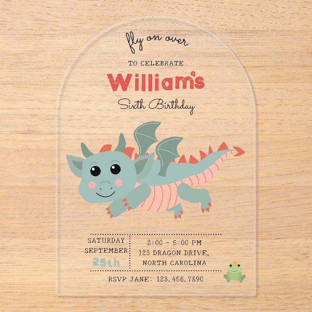 Fly on Over Dragon Boy Kids Birthday Party Acrylic Invitations (Front)